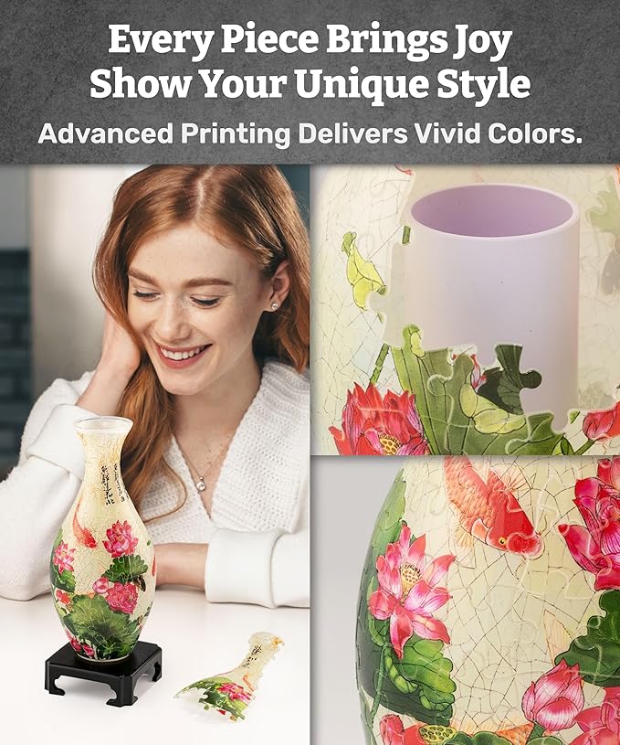 Pintoo 3D Puzzle Vase Unique Flower Vase Made by 160 Curved Plastic Puzzle Pieces House Warming Gift for Flower Arrangements and Home Decoration - [S1024] (Translucent, Carp with Lotus)