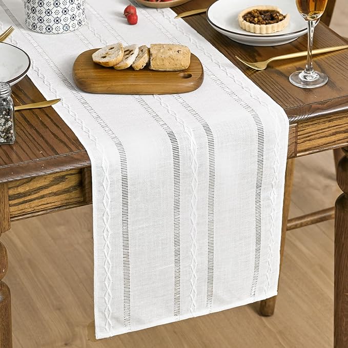 Artoid Mode Rustic Cotton Linen Table Runner, Seasonal Embroidered Hollow Kitchen Dining Table Decoration for Home Party Decor 13x108 Inch