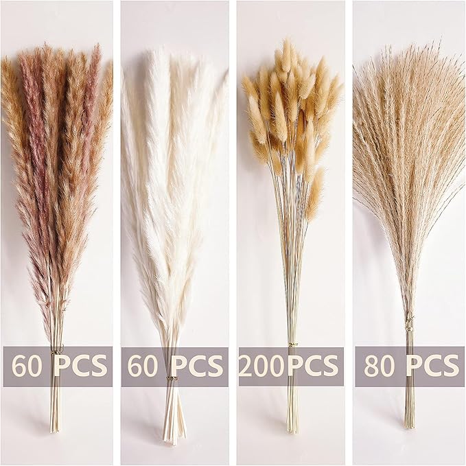 400 PCS Small Boho Pampas Grass, 17" Naturally Dried Pompas, Pampas Grass Decor for Wedding , Boho Party Decorations, Table Decor（Brown and White）