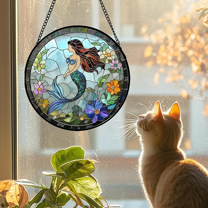 Stained Glass Window Hanging - Light Blue Mermaid Suncatcher for Door Terrace Garden Home Decor, Ocean Flowers Sun Catcher Birthday Gifts for Lovers Women Men Dad Mom Nana 7.8 in