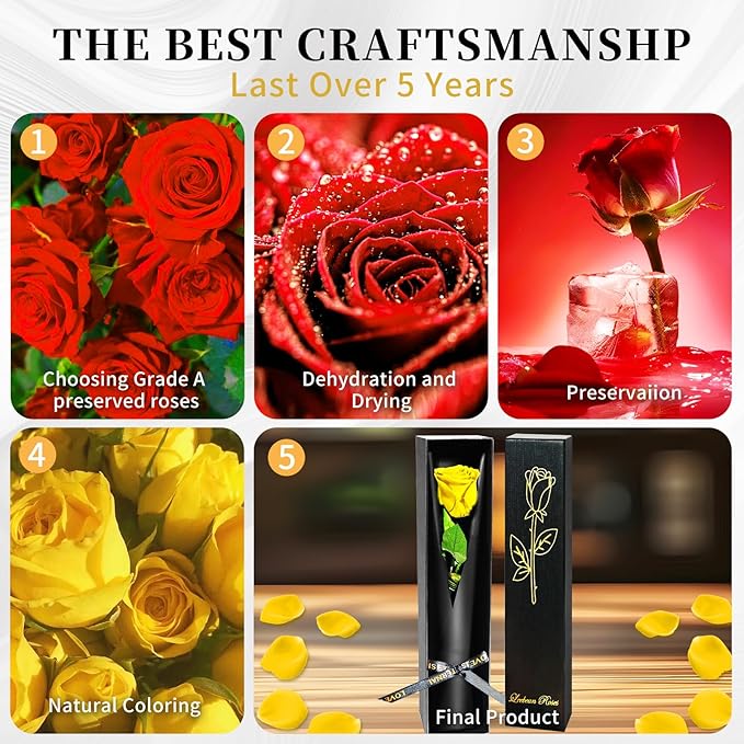 Yellow Single Forever Roses in a Box,Preserved Flowers for Delivery,Preserved Rose Gifts for Women, Real Roses Gift for Her, Mom Birthday Gifts, Mothers Day Flowers,Valentines Flowers