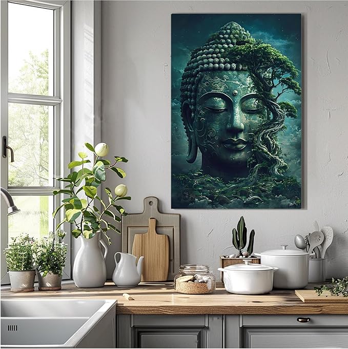 Buddha statue wall art canvas wall decor aesthetic picture mystical nature art for tranquil home and spiritual space 16x24in Wood Framed