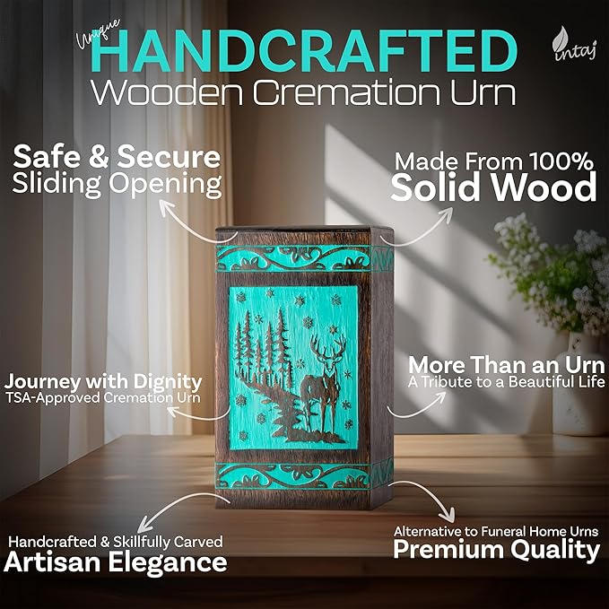 INTAJ Handcarved Rosewood Teal Green Deer Keepsake Urn for Human Ashes - Mini 20 lbs Forest Wooden Cremation Urn Box for Sharing Infant - Decorative Wildlife Memorial Casket Secure