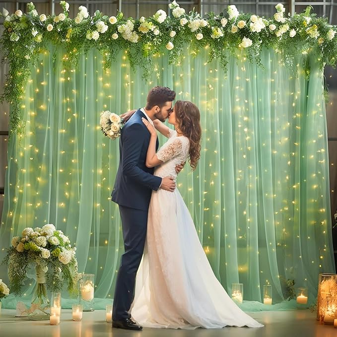 10ft x 10ft Green Backdrop Curtain with Lights String for Parties, Sheer Tulle Wedding Photo Backdrops Drapes for Baby Shower Birthday Party Decorations Background for Photography
