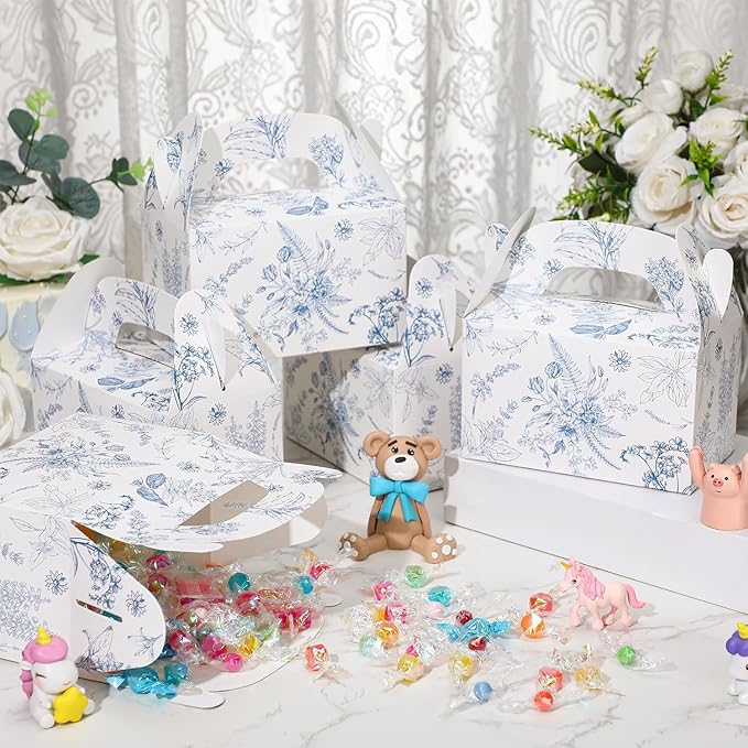 Dunzoom 24 Pack Blue Floral Paper Gift Boxes Party Favor Gift Gable Boxes with Chinoiserie Floral Printed Candy Treat Box for Wedding Birthday Tea Bridal Shower Party