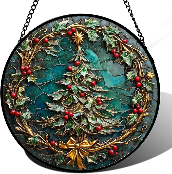 Stained Glass Window Hangings - Red Gold Green Wreath Suncatcher for Door Home Christmas Tree Decoration Sun Catcher Thanksgiving New Year Birthday Gift for Women Men Mom Grandma 15 in