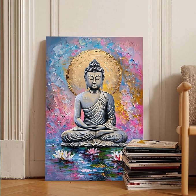 Lotus and golden Buddha meditation tranquil zen wall art mindfulness wall art for spiritual harmony and tranquility decor 20x30in Frameless