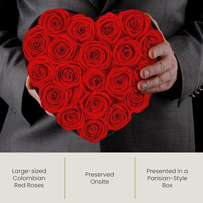 The Eternity Rose 20-Piece Preserved Roses in a Luxury Gift Box – Real Roses in Black Heart Box – A Valentine’s Gift as Everlasting as Your Love