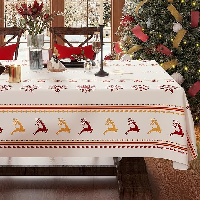 Christmas Rectangle Table Cloth,100% Waterproof Tablecloth,Christmas Decorations for Home, Vinyl Tablecloth Plastic Table Cover for Party，Picnic,Dining,Outdoor 52" x 70",Merry Ribbon