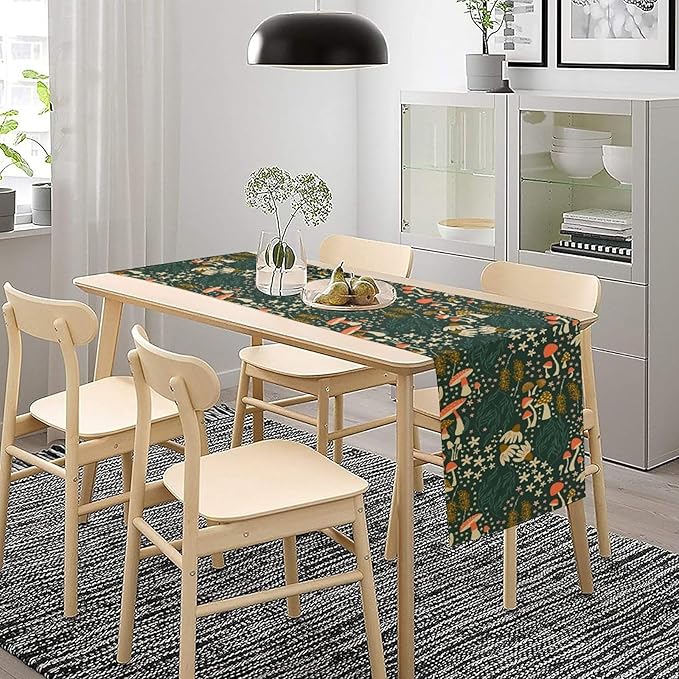Mushroom Table Runner, Cartoon Woodland Summer Flowers Plants Forest Seasonal Spring Kitchen Dining Table Decoration for Home Party Decor, 13x36inch