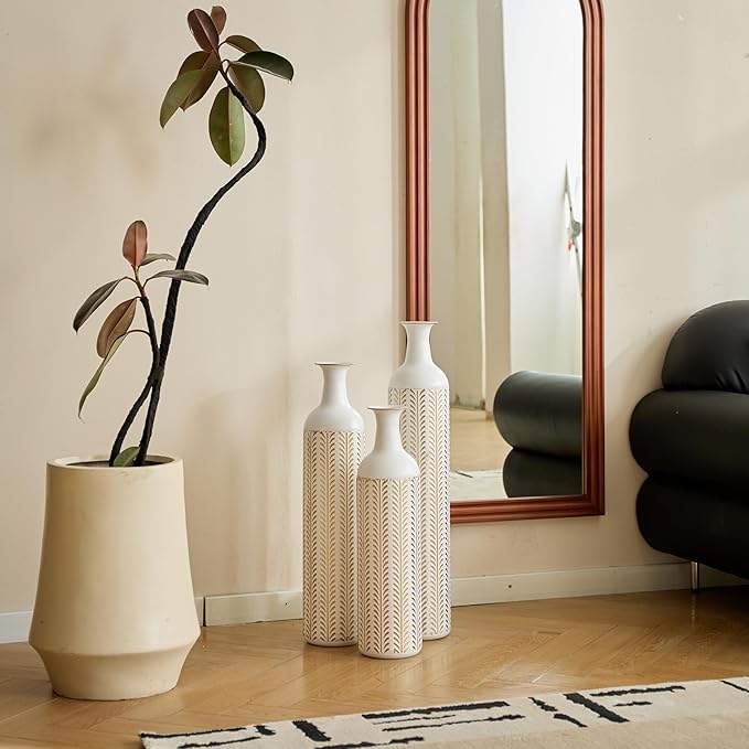Floor Vases, Tall Home Decor Metal Vase Set of 3 Large Glazed Decorative Vases for Wedding Decor, Elegant Modern Flower Holder for Living Room, Entryway, Hallway, Dining Room
