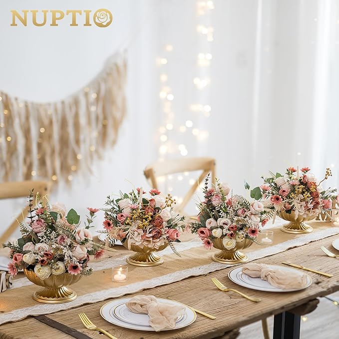 NUPTIO Small Gold Vases for Centerpieces: Brass Compote Vases for Flowers - Metal Pedestal Bowl Decor for Wedding Table Home Set of 10