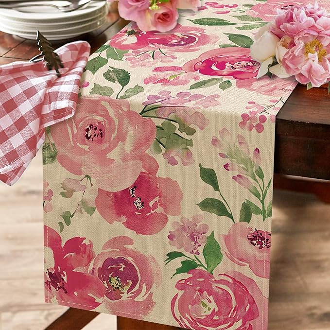 Seliem Spring Summer Watercolor Flower Table Runner, Pink Peony Floral Kitchen Dining Table Decor, Seasonal Burlap Home Decoration Indoor Outdoor Party Supply 13 x 36 Inches