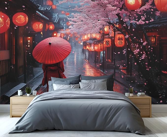 Japanese Street Wall Mural, Cherry Blossom Lantern Scene 3D Wall Murals, Romantic Rainy Evening Japan Wallpaper Mural, for Living Room Bedroom Large Wallpaper Indoor Decor 118" W x 82.6 "H