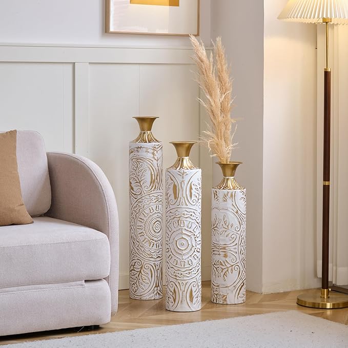 Floor Vases, Tall Home Decor Metal Vase Set of 3 Large Glazed Decorative Vases for Wedding Decor, Elegant Modern Flower Holder for Living Room, Entryway, Hallway, Dining Room