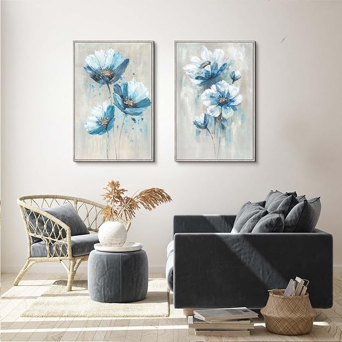Flower Canvas Framed Wall Art: 2 Pieces Living Room Turquoise Floral Abstract Prints Artwork Vintage Teal Bouquet Botanical Painting Picture for Bedroom Bathroom Home Office