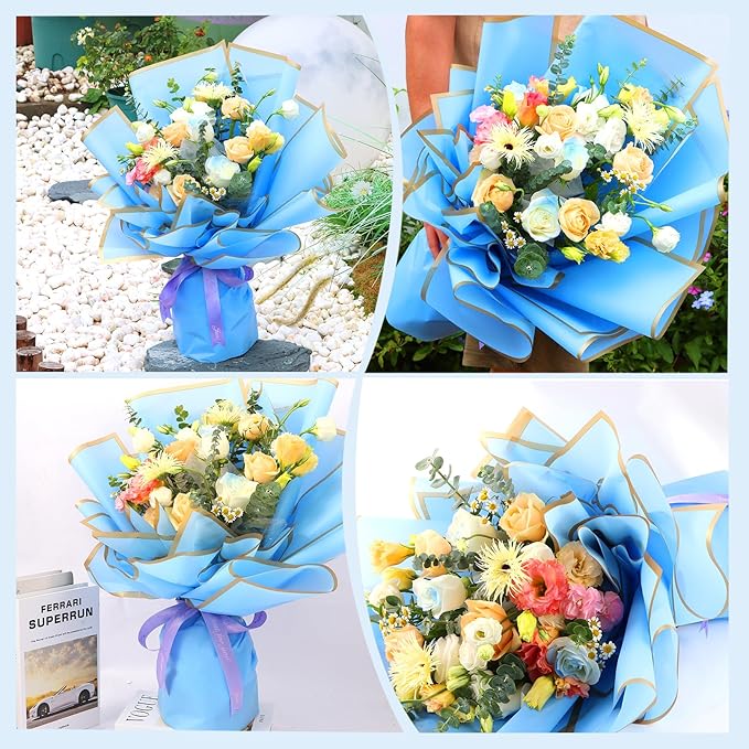 YIDATIKER 20 sheet Flower Wrapping Paper,waterproof floral wrapping paper for bouquets,DIY Florist Supplies Packaging Paper with satin ribbon for Wedding,Birthday,Valentine's Day(Blue