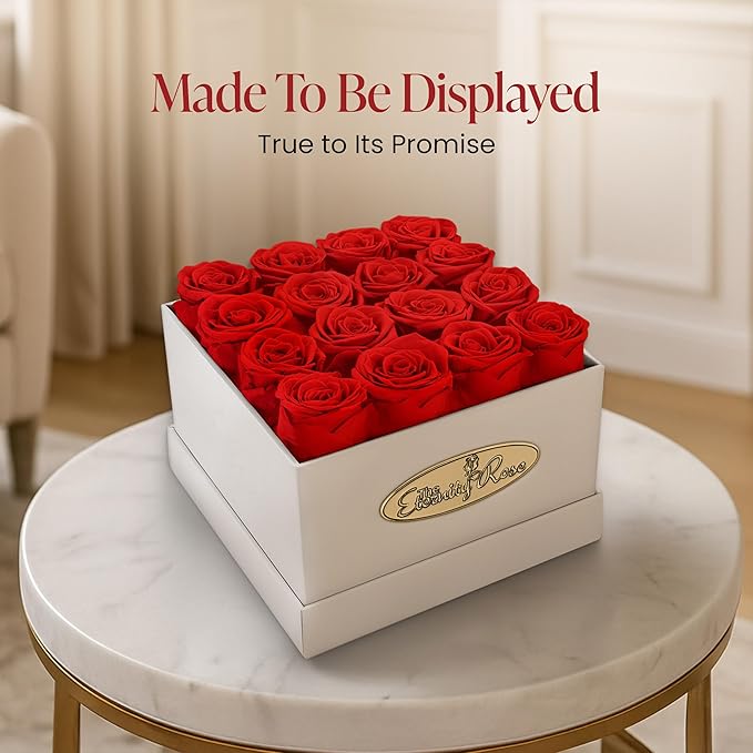 The Eternity Rose 16-Piece Preserved Roses in a Luxury Gift Box – Real Roses in Square White Box – A Valentine’s Gift as Everlasting as Your Love