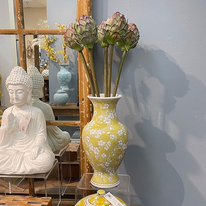 Galt International 14” Hand Painted Chinoiserie Ceramic Vase – Antique Style Porcelain Flower Bottle by Galt International, Fishtail Chinese Vase for Home Decor & Centerpiece - Yellow and White Sakura