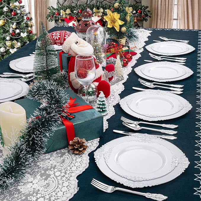 Liacere 150PCS Silver Plastic Plates with Silver Cutlery - Disposable Plastic Plates Include 30Dinner Plate, 30Dessert Plate, 30Knives, 30Spoons, 30Forks - Ideal for Wedding&Christmas