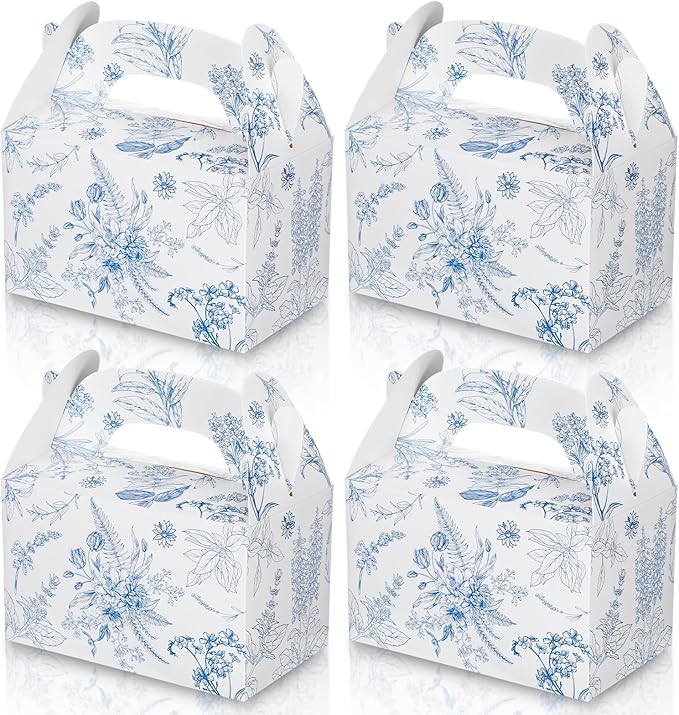 Dunzoom 24 Pack Blue Floral Paper Gift Boxes Party Favor Gift Gable Boxes with Chinoiserie Floral Printed Candy Treat Box for Wedding Birthday Tea Bridal Shower Party
