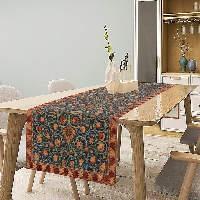 William Morris Table Runner, Rustic Boho Ethnic Flower Original Design Print Table Runner for Home Party Dining Room Kitchen Decor 13x120 Inch