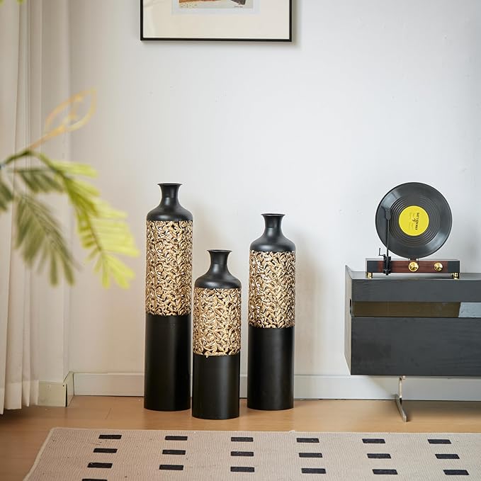 Floor Vases, Tall Home Decor Metal Vase Set of 3 Large Glazed Decorative Vases for Wedding Decor, Elegant Modern Flower Holder for Living Room, Entryway, Hallway, Dining Room