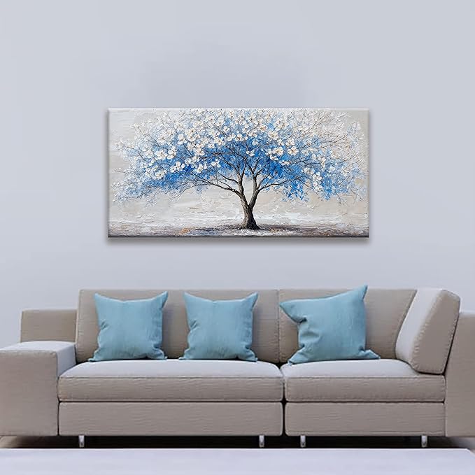 Suconvng Wall Art Blue Tree Of Life Modern Wall Artwork Canvas Art Wall Decor Pictures Painting Blue Tree Abstract Wall Decor For Living Room Bedroom Dining Room Home Office Artwork 24"×48"