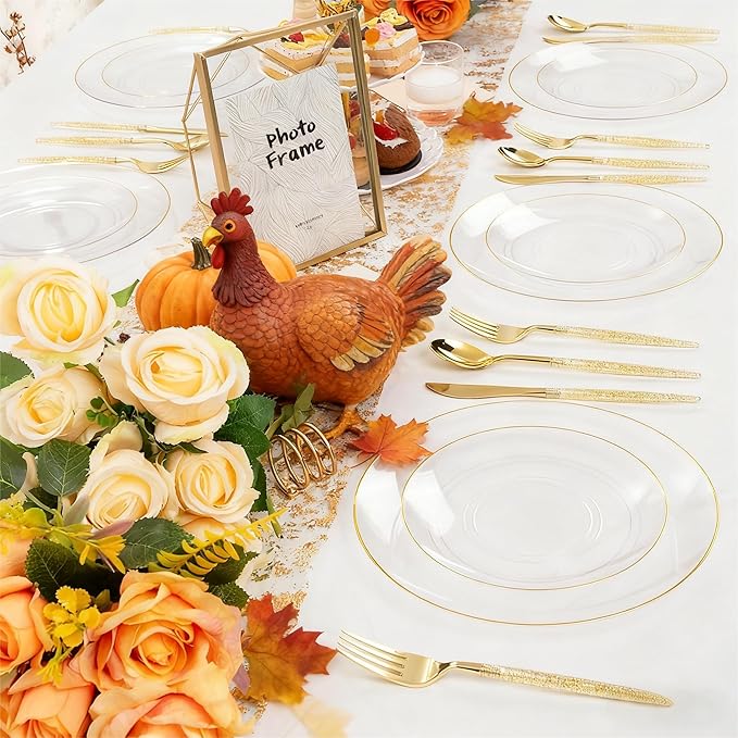 Liacere 150PCS Clear Gold Plastic Plates - Gold Plastic Silverware with Glitter Handle - Clear Disposable Plates Include 30 Guests Plates, Forks, Spoons, Knives for Wedding & Party&Chrismas
