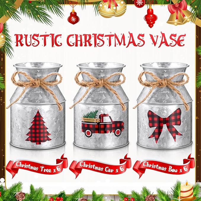 Domensi 6 Pcs Christmas Flower Vases for Table Centerpieces Bulk 5.12 Inch Metal Galvanized Farmhouse Flower Buckets with Bow Rustic Xmas Milk Can Jug for Kitchen Dining Room Table Decor (Iron)