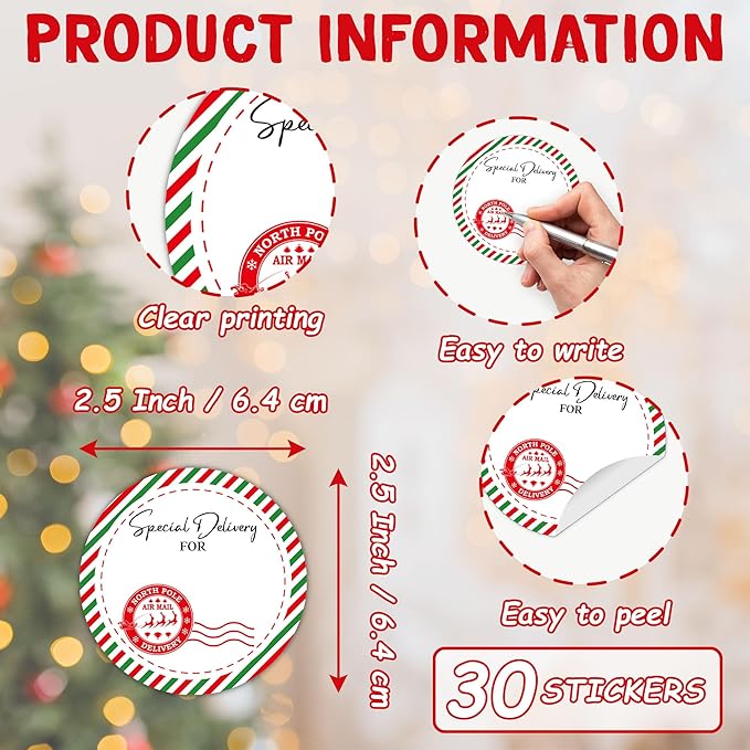 Christmas Gifts Tags Stickers from Santa, 30 Pcs North Pole Christmas Name Tags for Gifts, 2.5x2.5 Inch Holiday Presents Sticker Labels, Festive Chrismas Name Tag for Gift Wrapping Bags-D09