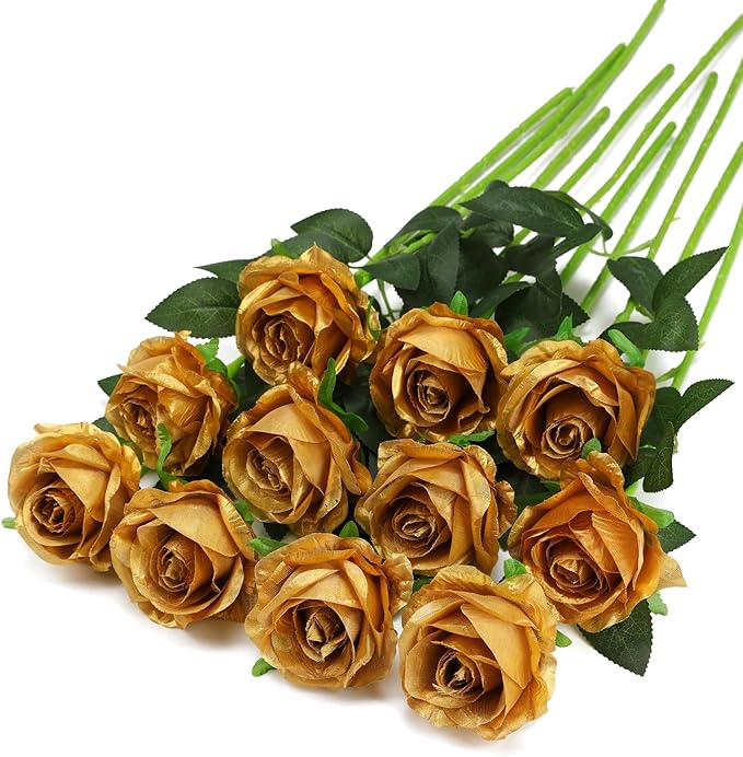 Gold Fake Roses Artificial Flowers - 10 Pcs Fake Artificial Roses Silk Flowers with Stems for Home Wedding Hotel Office Centerpiece Decor