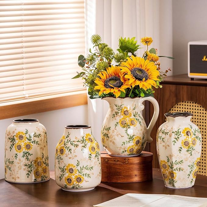 Sunflower Vintage Ceramic Yellow Floral Vase, Beige and Green Chinoiserie Home Decor for Fireplace Mantle, Table Centerpieces, Kitchen Counter, Tuscan, Cute Flower Vase for Living Room Office 7.8 Inch