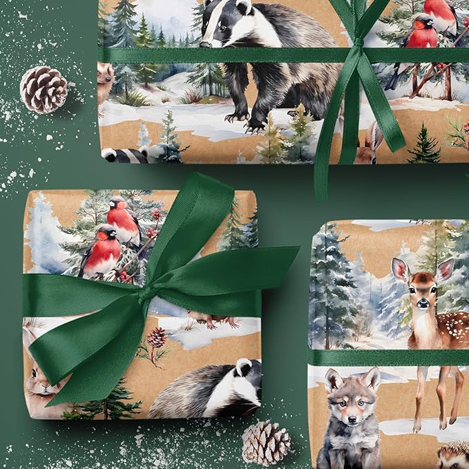WRAPAHOLIC 30 Inch Kraft Christmas Wrapping Paper - 30 Inch x 33 Feet - Wild Animals Winterfall Watercolor Design for Christmas, Holiday, Party Celebration