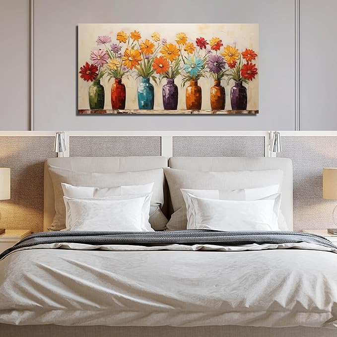 Colorful Daisy Floral Canvas Wall Art, Modern Abstract Flower in Vase Pictures for Living Room Bedroom Office Wall Decor, Horizontal Printed Painting Artwork Home Decorations, Size 40x20 Inches