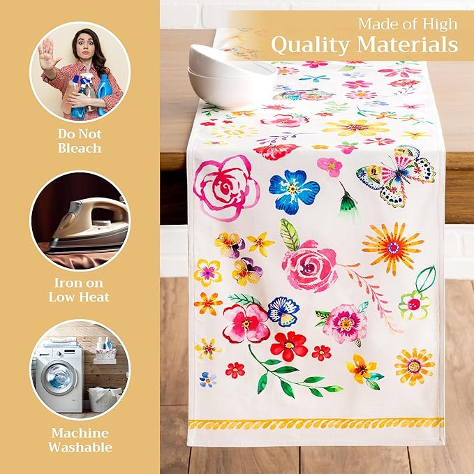 Maison d' Hermine Table runner 100% Cotton Double Layer Table Runners 72 inches long Decorative for Home Kitchen Dining Party Wedding Bridal Shower Spring Summer (Happy Florals - Sweety, 14.50" x 72")