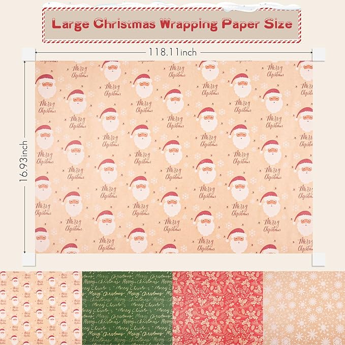 Happypapa Christmas Wrapping Paper, Kraft Xmas Wrapping Paper Rolls - Santa Claus, Trees, Snowflakes and Merry Christmas Pattern - 4 Rolls - 17 Inch × 120 Inch Per Roll