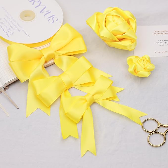 Daffodil Yellow Satin Ribbon, Double Faced 7/8 Inch X 50 Yards Daffodil Ribbon, Premium Satin Ribbon for Gift Wrapping, Crafts, Hair Bow Making, Sewing, Flower Bouquet, Wedding Party Decor