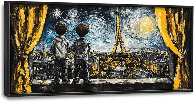 Graffiti Banksy Large Wall Art Inspirational Eiffel Tower Pictures Wall Decor Above Over Bed Canvas Prints Painting Framed Artwork Decoration For Bedroom Living Room 60"x30"
