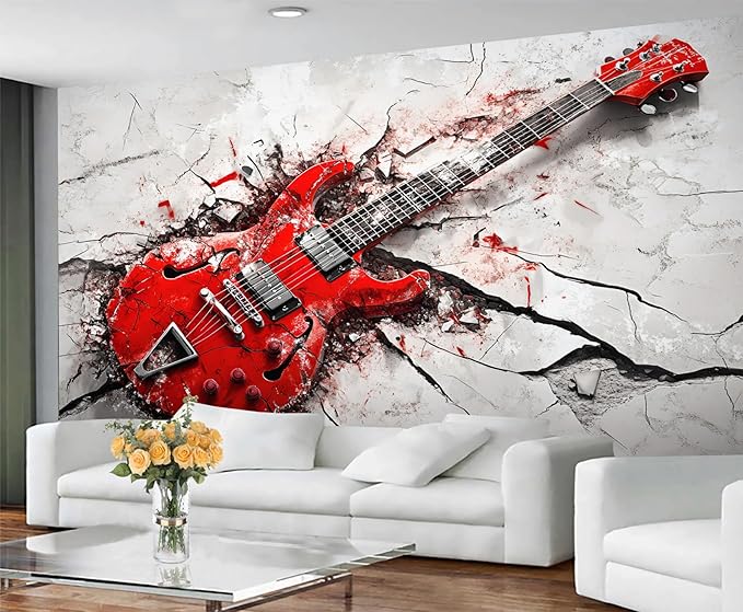 Red Electric Guitar Wall Mural, Grunge Style Guitar 3D Wall Murals, Rock Music 3D Explosion Wallpaper Mural, for Living Room Bedroom Large Wallpaper Indoor Decor 157.5" W x110.3 H