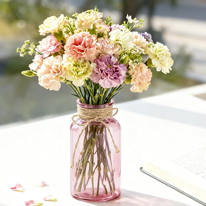 Vintage Glass Flower Vase，6 Pack Pink Farmhouse Glass Centerpiece Vases Mason Jars for Weddings, Parties & Home Decor Bulk (6, Pink)