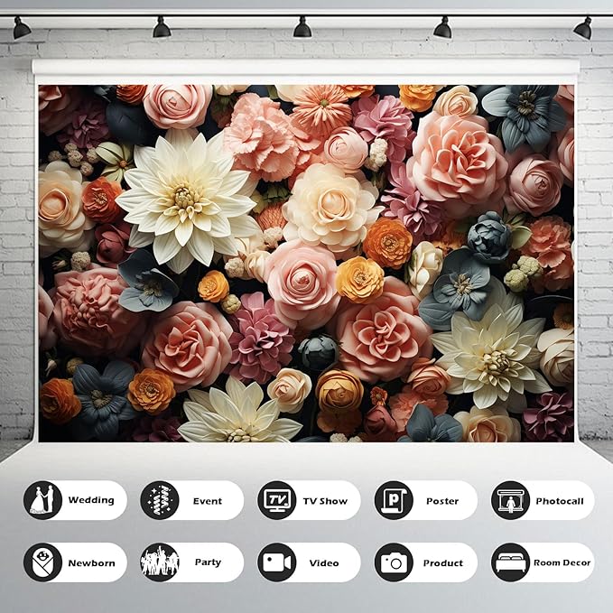 Floral Backdrop Full Glory Vibrant Blossoms Various Flowers Photography Background Idyllic Romantic Floral Theme Party Anniversary Wallpaper Adult Artistic Portrait Photo Studio Props 12x8ft