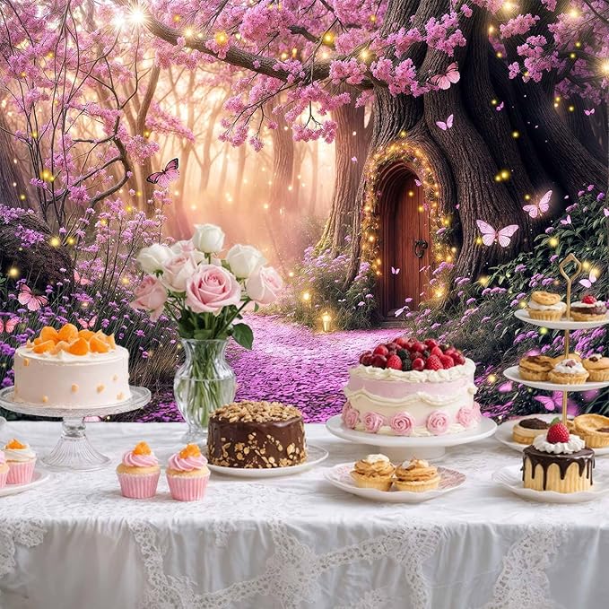 5X3ft Enchanted Forest Backdrop Fairy Tale Purple Garden Wonderland Tree House Floral Background for Kids Girl Baby Shower Birthday Party Decoration Banner Cake Table Photo Booth Props