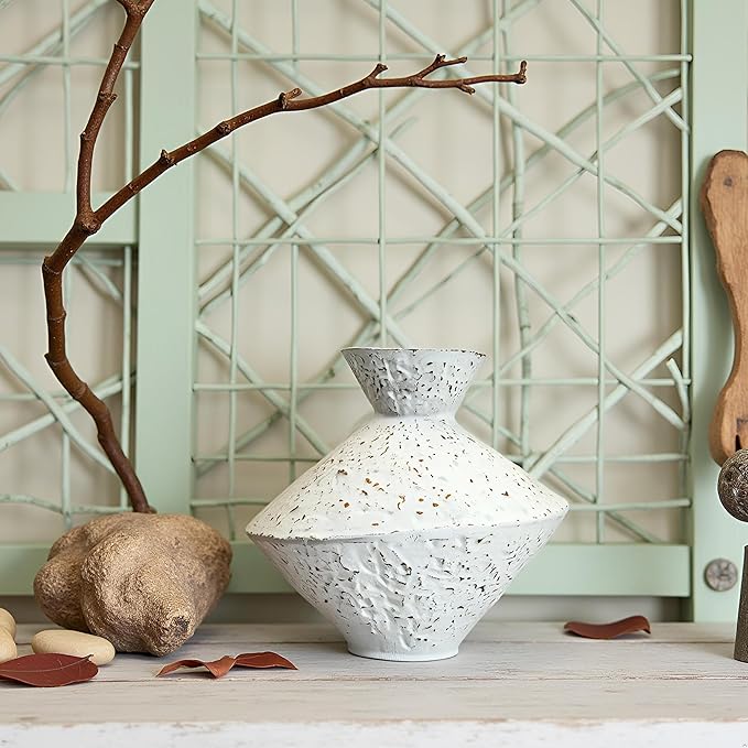 Cast Iron Decorative Vase, Dried Flower Rustic Vases, Wabi Sabi Vase for Modern Home Decor, Living Room, Shelf Decor, Enterway, Wedding, Office, Table, Bedroom, Kitchen, 8.86" H (White)