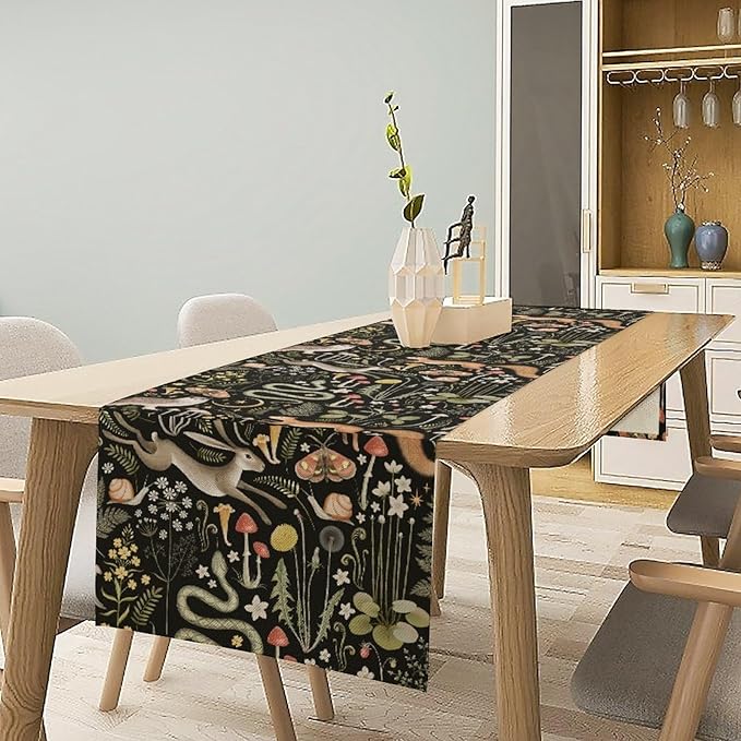 Farmhouse Forest Table Runner, Fairy Tale Woodland Wild Animals Moths Owl Snake Flowers Mushroom Kitchen Dining Table Runners for Indoor Outdoor Home Party Holiday Decor, 13x60inch