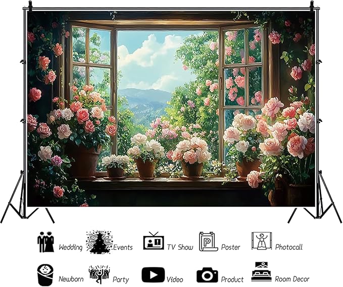 Baocicco 20x10ft Flowers Windowsill Photography Background Spring Floral Retro Oil Painting Photo Backdrop for Valentines Mothers Day Birthday Wedding Party Decorations Girls Women Portraits