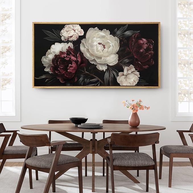 SIGNFORD Extra Large Framed Canvas Print Wall Art Vintage Peonies Classic Floral Painting in Deep Tones Illustrations Modern Art Relax/Calm Warm for Living Room, Bedroom, Office - 60"x30"