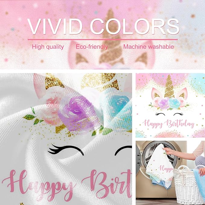 Mocsicka Unicorn Birthday Decorations Backdrop for Girls Party 5x3ft Pastel Rainbow Glitter Stars Dots Happy Birthday Banner Photo Booth Props