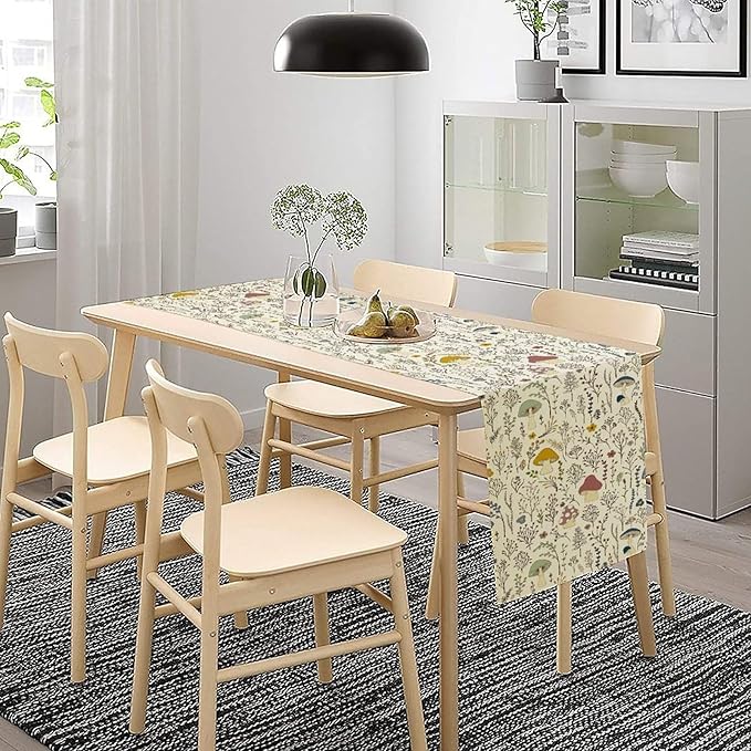 Mushroom Table Runner, Boho Floral Rustic Wildflower Herbs Plants Colorful Botanical Green Leaves Table Runner for Home Party Indoor Outdoor Decor Kitchen Dining Table, 13x70inch