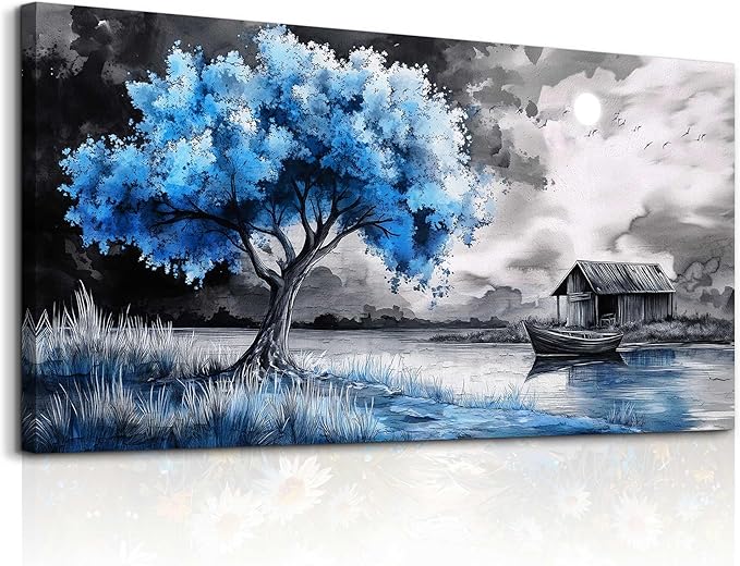 PHAOHUAXM Wall Art For Living Room Large Wall Decor For Bedroom Black White And Blue Trees Wall Pictures Artwork Restaurant Office Frame Printing Canvas Artwork Modern Home Decor Aesthetic 24x48 in